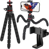 Statywy fotograficzne - Elastyczny statyw do zdjęć mini tripod giętki na aparat kamerę telefon 1/4" trójnóg Octopus czarny + uchwyt do telefonu - miniaturka - grafika 1