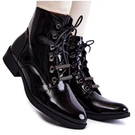 Botki damskie - S.Barski Klasyczne Lakierowane Damskie Ocieplane Botki Czarne Grimma - miniaturka - grafika 1