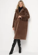 Płaszcze damskie - Brązowy Futrzany Płaszcz Jednorzędowy z Kieszeniami Zapinany na Guziki Parilda - miniaturka - grafika 1