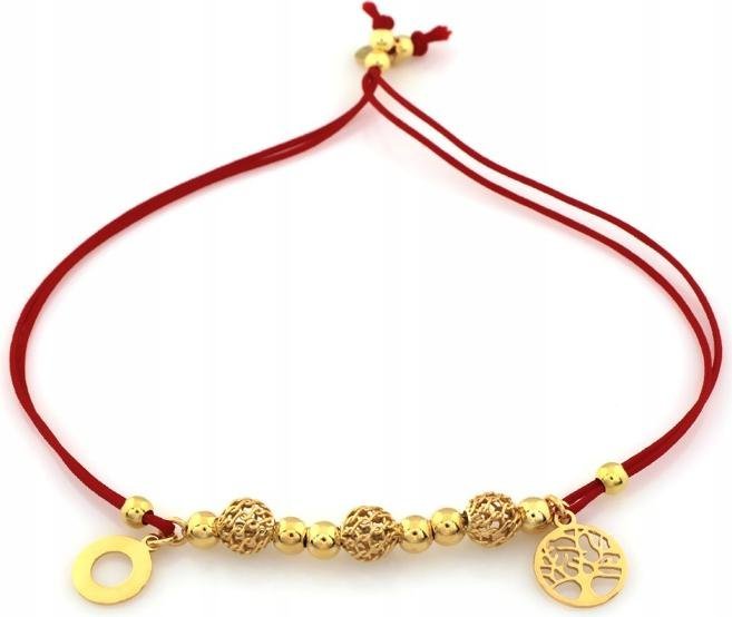 Srebrna bransoletka 925 pozłacana na czerwonym sznurku ozdobne zawieszki