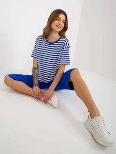 Komplety damskie - Komplet letni biało-niebieski casual t-shirt i szorty dekolt okrągły rękaw krótki nogawka szeroka długość za kolano kieszenie - grafika 1