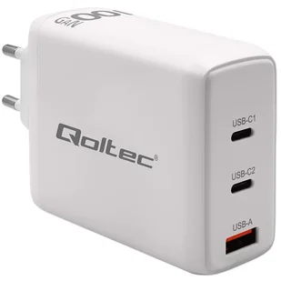 Qoltec Ładowarka sieciowa 100W GaN | 5-20V | 1.5-5A | 2 x USB-C PD | 1 x USB QC 3.0 | Biała - Ładowarki do telefonów - miniaturka - grafika 1