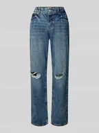 Spodnie damskie - Jeansy z prostą nogawką i przetarciami - miniaturka - grafika 1