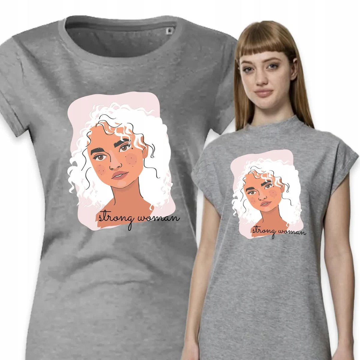 PIŻAMA DAMSKA SZARA Koszula Nocna Na Prezent STRONG WOMAN Kobiece Wzory - S