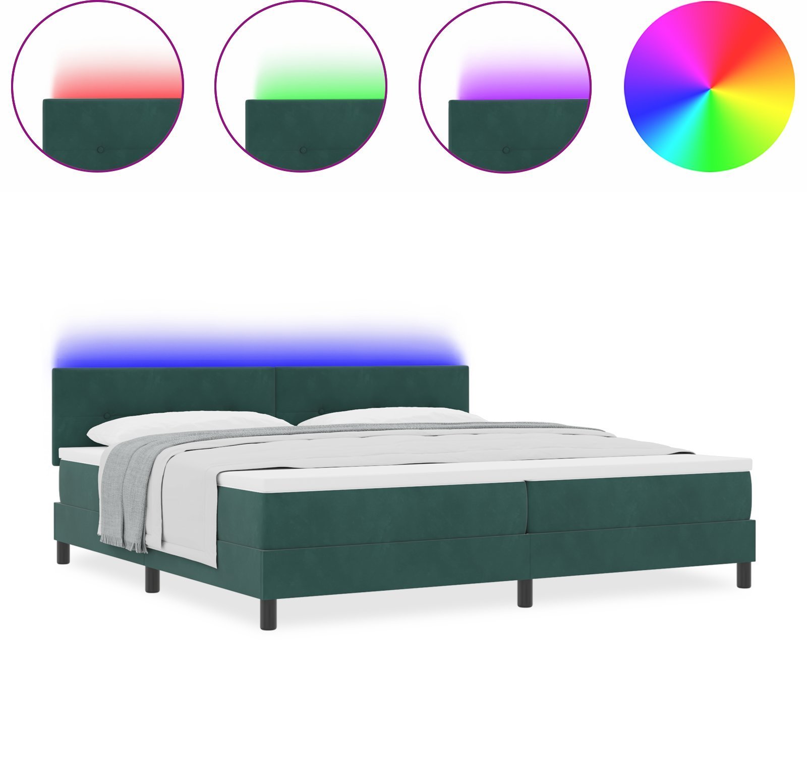 Łóżko kontynentalne vidaXL z materacem i LED w ciemnozielonym 200x200 cm z aksamitu