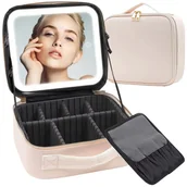 Kosmetyczki, organizery i kuferki - Kosmetyczka Kuferek Z Lusterkiem Led Podróżna Skórzany Makijaż Beżowa - miniaturka - grafika 1