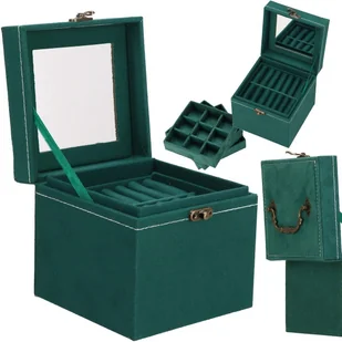 Szkatułka Na Biżuterię 12X12X12 Cm Zielony Kuferek Z Przegródkami I Lusterkiem Welurowy - Pudełka i szkatułki - miniaturka - grafika 1