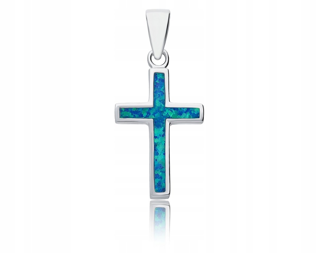 Srebrny Krzyżyk z Opalem Niebieskim Damski + Grawer 925 Krzyż na Łańcuszek