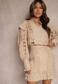 Komplety damskie - Beżowy Komplet Ażurowy z Bawełną Spódnica i Koszula Ozdobiona Guzikami z Pereł Leninia - miniaturka - grafika 1