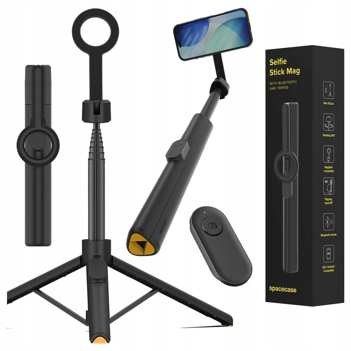 Kijek do selfie uchwyt tripod statyw do telefonu z pilotem bluetooth SPACECASE Mag ST13-B Czarny