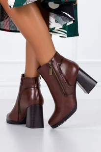 Botki Sergio Leone damskie na klocku ozdobny suwak brązowe BT323-40 - Botki damskie - miniaturka - grafika 1