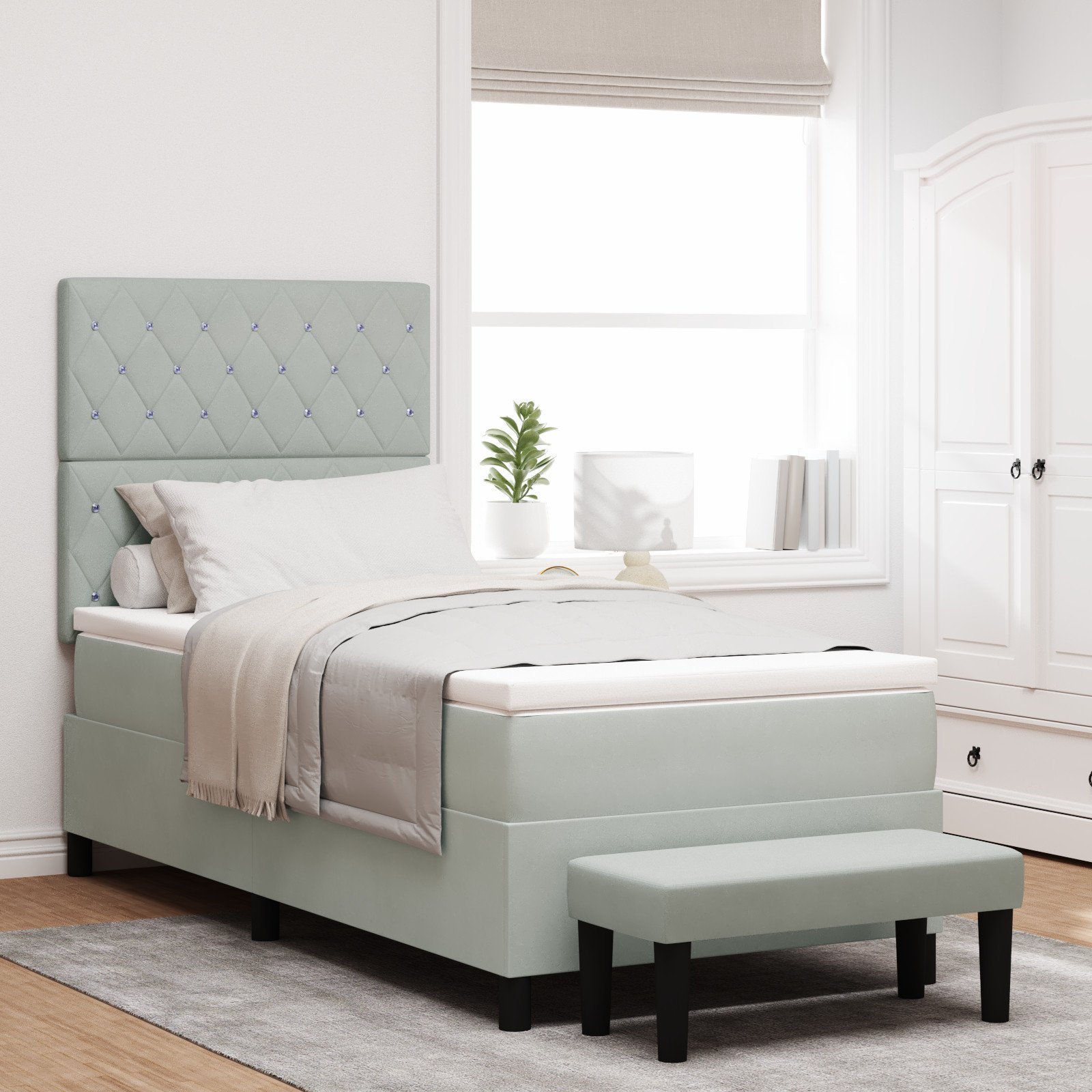 vidaXL Łóżko Box Spring z Materacem & Ławką Jasnoszary 100x200 cm Aksamit