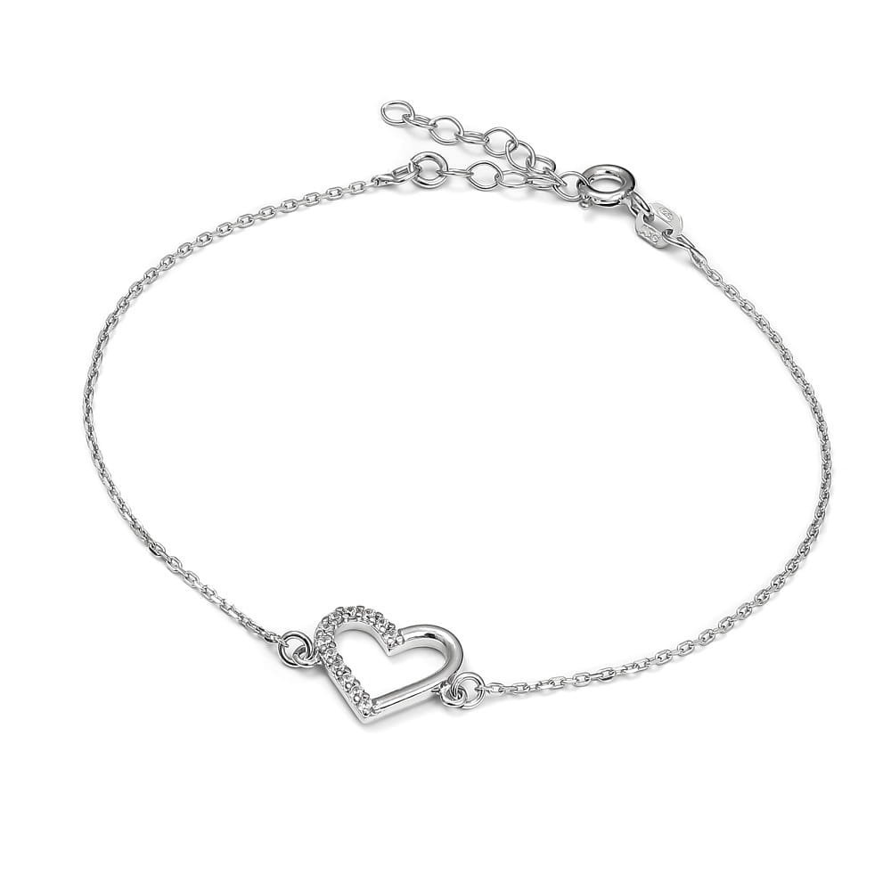 Srebrna bransoletka rodowana z zawieszką w kształcie serca z cyrkoniami