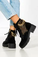 Botki damskie - Czarne workery ażurowe z łańcuszkiem na platformie sznurowane polska skóra Casu 3030-37 - miniaturka - grafika 1