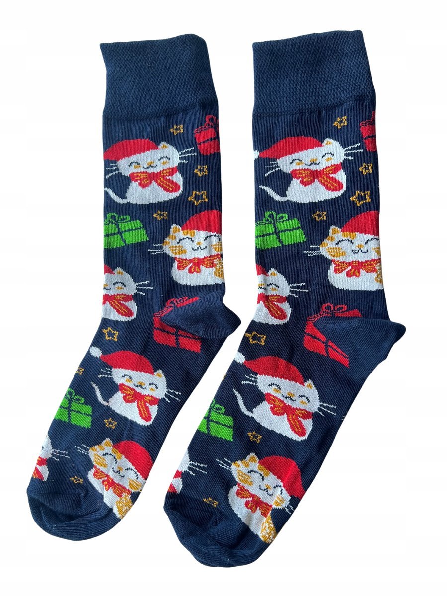 Skarpety świąteczne męskie w koty 43-46 męskie świąteczne skarpety granat