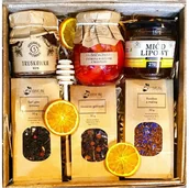 Zestawy upominkowe - KOSZ PREZENTOWY PREZENT MIÓD HERBATY MALINA CYTRYN - miniaturka - grafika 1