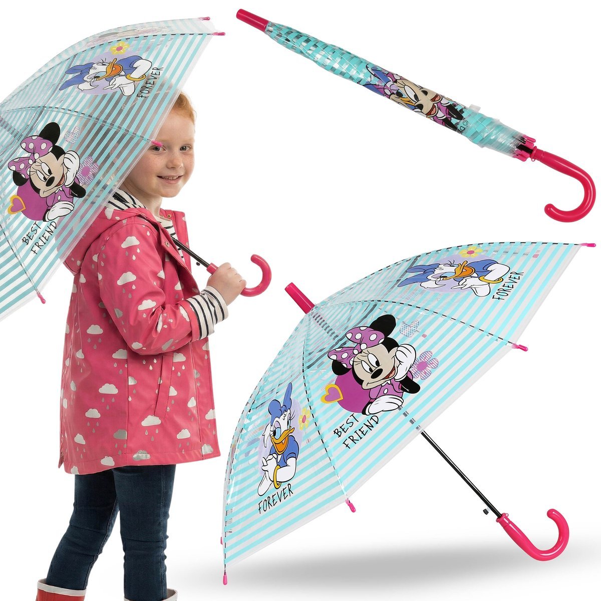 DISNEY Myszka Minnie Parasolka dziecięca DLA DZIEWCZYNKI, SKŁADANY transparentny parasol AUTOMATYCZNY