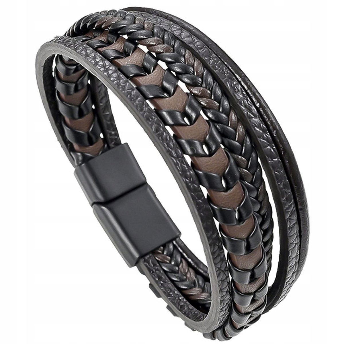 BRANSOLETKA MĘSKA SKÓRZANA BRĄZOWA POTRÓJNA RZEMIEŃ STAL