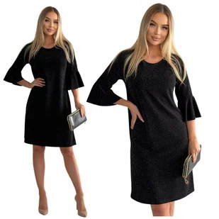 ŚWIECĄCA CZARNA SUKIENKA FALBANKI MIDI BROKAT SYLWESTER GLAM ROZMIAR 38 - Sukienki - miniaturka - grafika 1