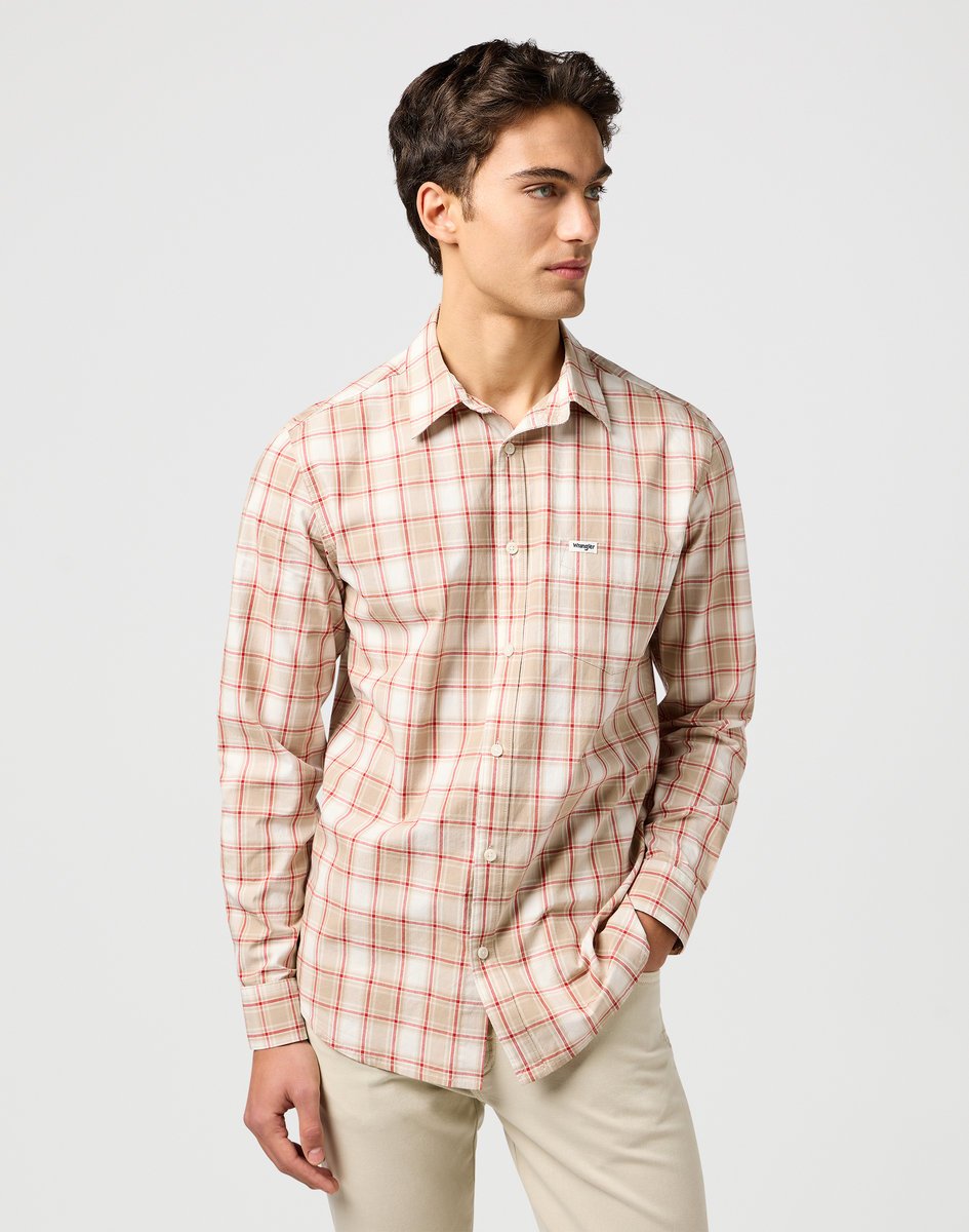 KOSZULA MĘSKA KRATKA LEN WRNGLER 112362768 PKT SHIRT TAN XL