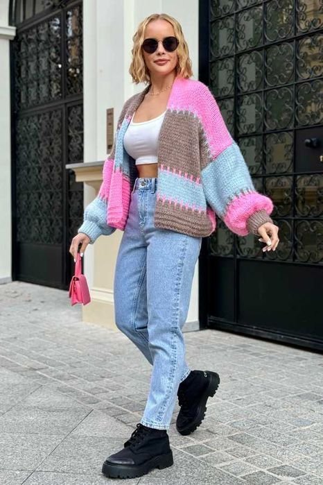 Krótki kardigan oversize - baby róż/błękitny One size