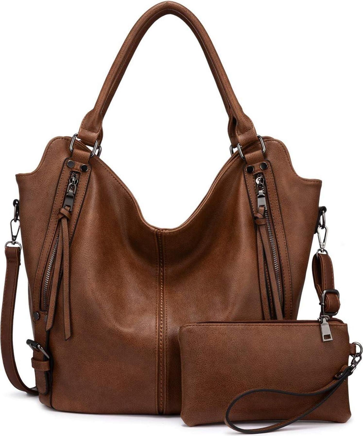Elegancka torebka damska 2-częściowa brązowa skórzana torba na ramię typu shopper