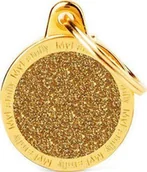 Odblaski i adresówki - Zawieszka Adresówka Identyfikator z grawerem dla psa i kota małe koło złote glitter - miniaturka - grafika 1