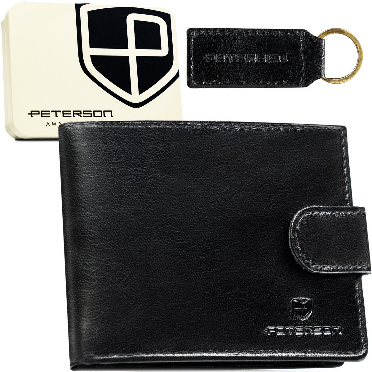 Portfel męski na karty skórzany PETERSON RFID Stop minimalistyczny elegancki na zatrzask czarny poziomy schowek na suwak pudełko producenta na preze..