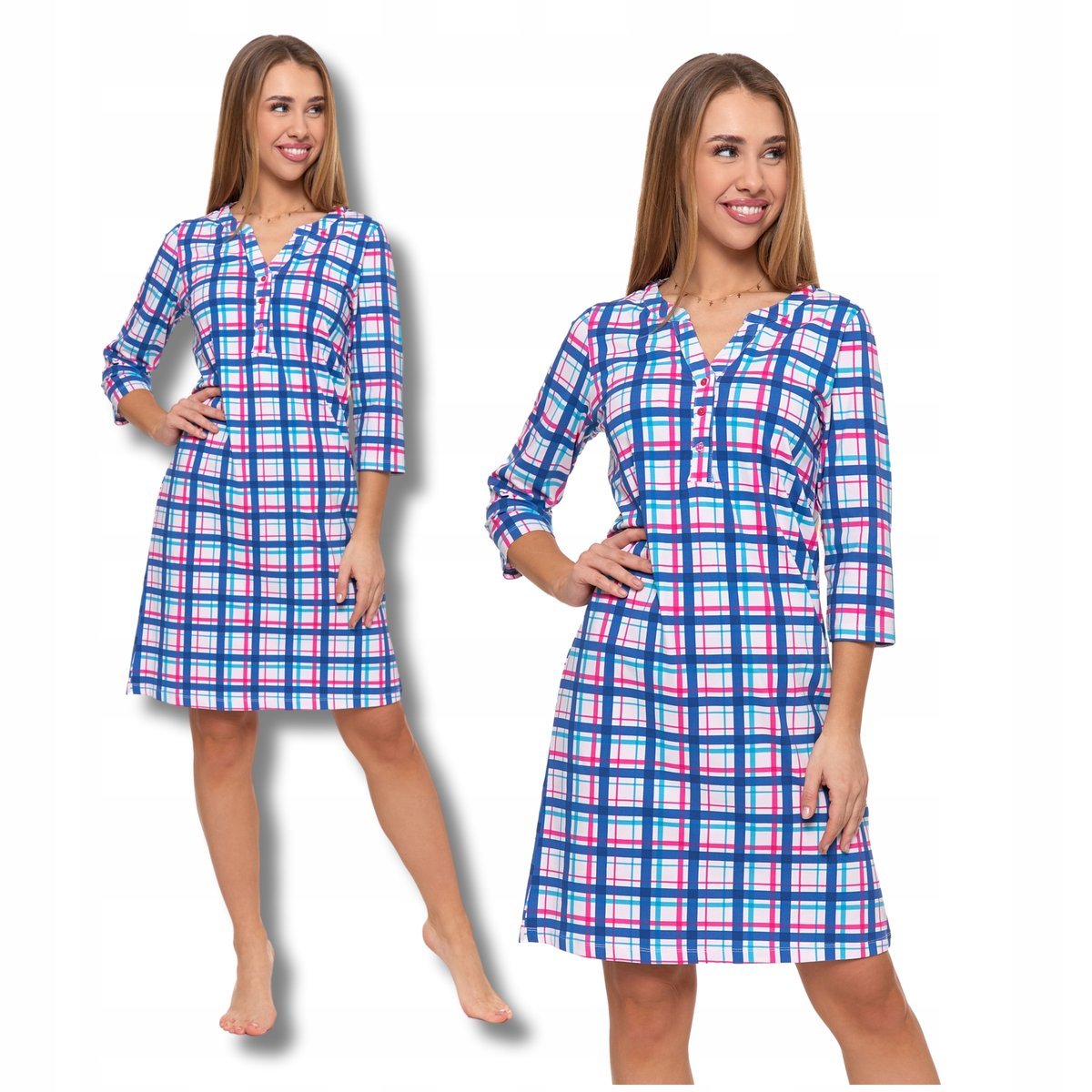 Koszula Nocna Damska Piżama w Kratkę 3/4 Rękaw Elegancka MORAJ - L