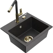 Zlewozmywaki z baterią - Mexen Milo zlewozmywak granitowy 1-komorowy z baterią kuchenną Flora, czarny nakrapiany - miniaturka - grafika 1