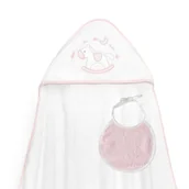 Okrycia kąpielowe dla dzieci - Okrycie kąpielowe 100x100 Caballito biały różowy ręcznik z kapturkiem + śliniaczek - miniaturka - grafika 1