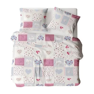 Pościel flanelowa 140x200 1109N szara różowa serca kratka na guziki Flanela Komfort - Pościel - miniaturka - grafika 1