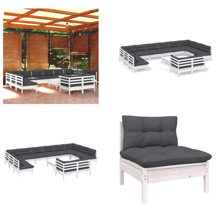 vidaXL 13-częściowy zestaw wypoczynkowy do ogrodu z poduszkami białe drewno sosnowe - Zestaw wypoczynkowy do ogrodu - Zestawy wypoczynkowe do ogrodu - Zestaw mebli ogrodowych - Zestawy mebli ogrodowych