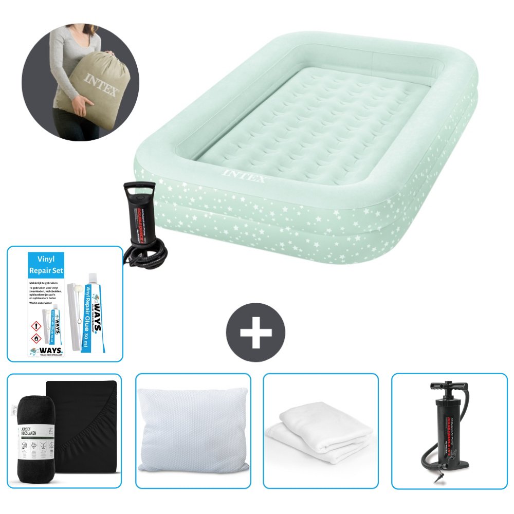 Materac dmuchany Intex Kidz - 1 osoba - 107 x 168 x 25 cm - Miętowa zieleń - W zestawie pompka - prześcieradło - pompka - zestaw naprawczy en ochraniacz na poduszkę