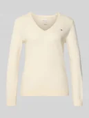 Swetry damskie - Sweter z dzianiny z mieszanki wełny jagnięcej z dekoltem w serek - miniaturka - grafika 1