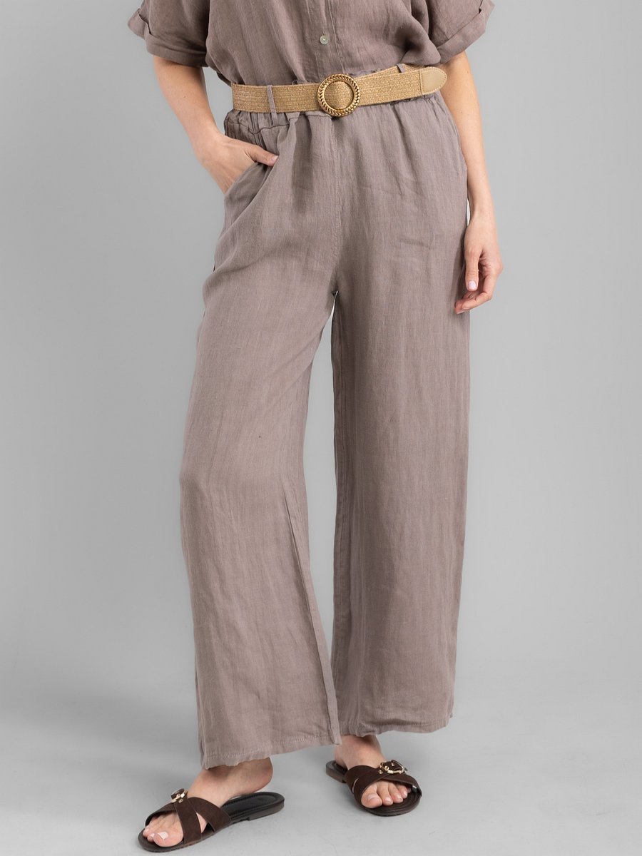 SPODNIE DAMSKIE LNIANE WIDE LEG Z PASKIEM