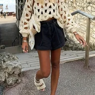 Swetry damskie - TEMU Bluzka Damska z Koronką – Półprzezroczysta, Warstwowa z Dekoltem Okrągłym i Wycięciami, Elegancka Koszula w Jednokolorowym Kolorze na Każdą Porę - miniaturka - grafika 1