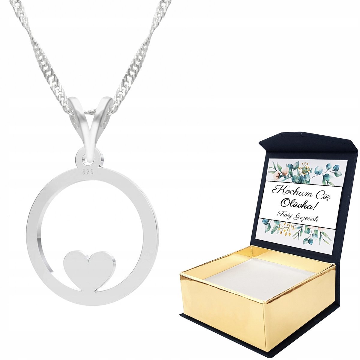 Naszyjnik srebrny 925 Koło Serce + WŁASNY NADRUK