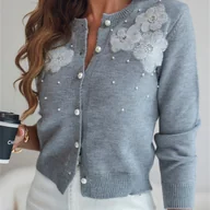 Swetry damskie - TEMU CHICME Damski Kardigan Casualowy z Kwiatowym Wykończeniem - Okrągły Dekolt, Długi Rękaw, Sweter Zapinany na Guziki z Kwiatowym Wzorem 3D, - miniaturka - grafika 1