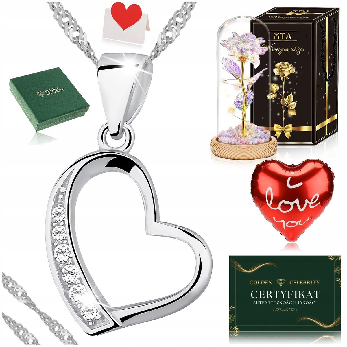 SREBRNY NASZYJNIK DAMSKI SERCE CELEBRYTKA PR 925 + RÓŻA WIECZNA LED W SZKLE