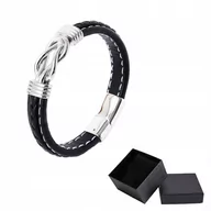 Bransolety męskie - Czarna Skórzana Bransoletka Męska Zapleciona Stal Chirurgiczna Na Prezent - miniaturka - grafika 1