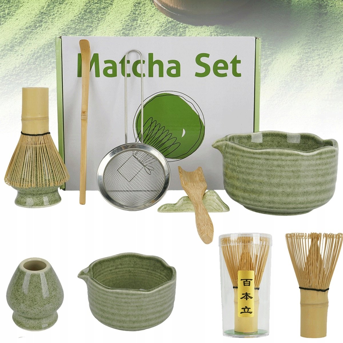 Ceramiczny zestaw do matcha 7 elementów z miską 500ml i sitkiem zielony