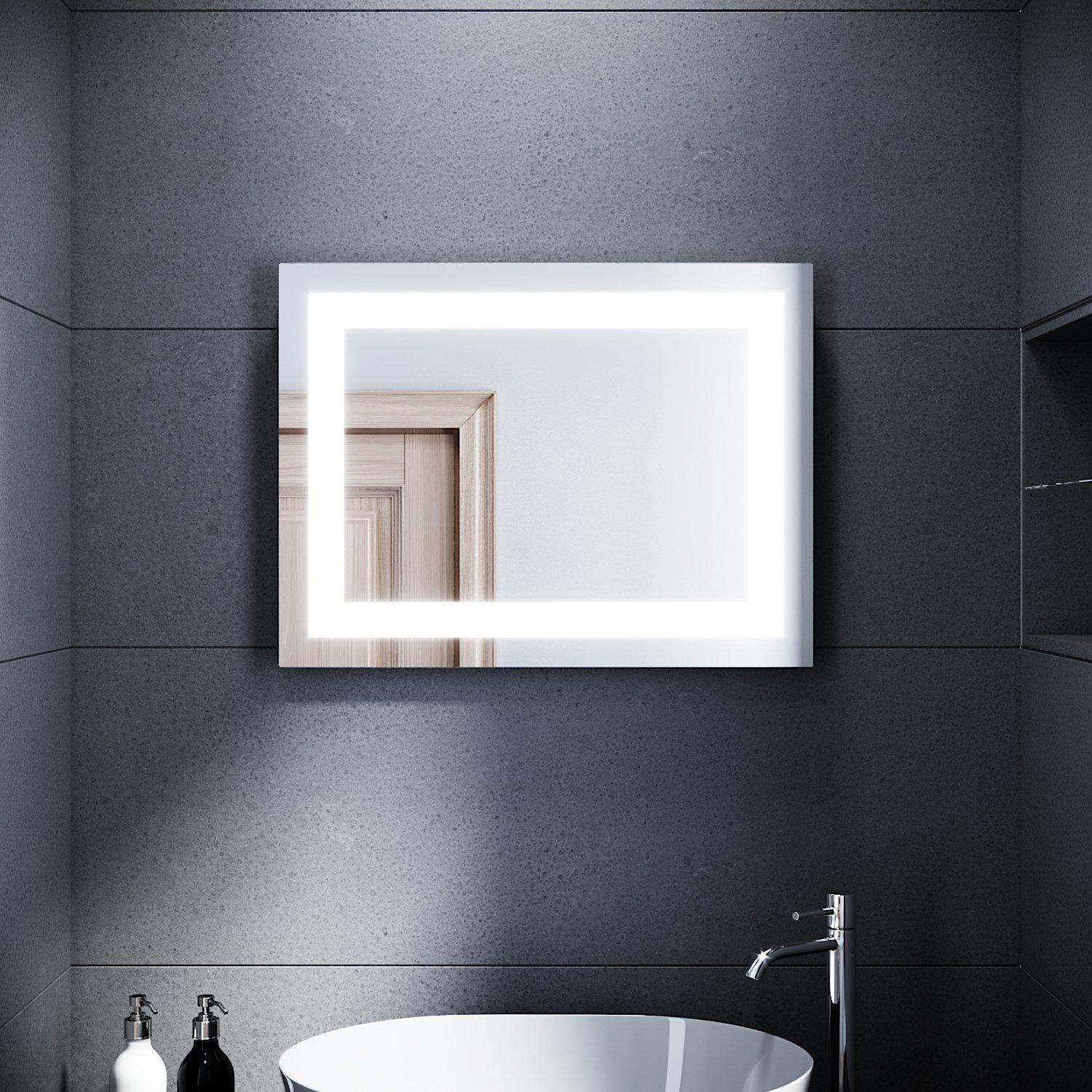 Lustro łazienkowe z oświetleniem 60 x 50 cm Lustro ścienne Lustro łazienkowe Led Zimny biały Przełącznik ścienny Lustro łazienkowe z oświetleniem IP44 Z wewnętrznym matowym paskiem świetlnym