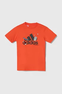 Koszulki dla chłopców - adidas t-shirt bawełniany dziecięcy kolor pomarańczowy z nadrukiem - grafika 1