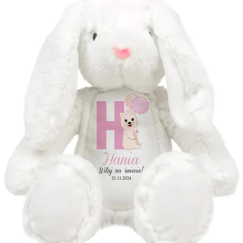 KRÓLICZEK PLUSZAK Dla Dziecka Personalizwoane WITAJ! IMIĘ DZIECKA Różowe Wz