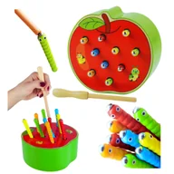 Klocki - Złap Robaczka Gra Zręcznościowa Magnetyczna Drewniane Jabłko Montessori - miniaturka - grafika 1