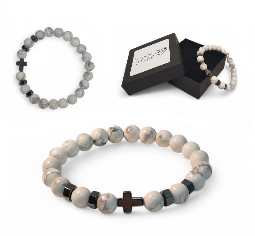 Bransoletka Z Kamieni Naturalnych 8mm Howlit Biały Hematyt Z Krzyżykiem