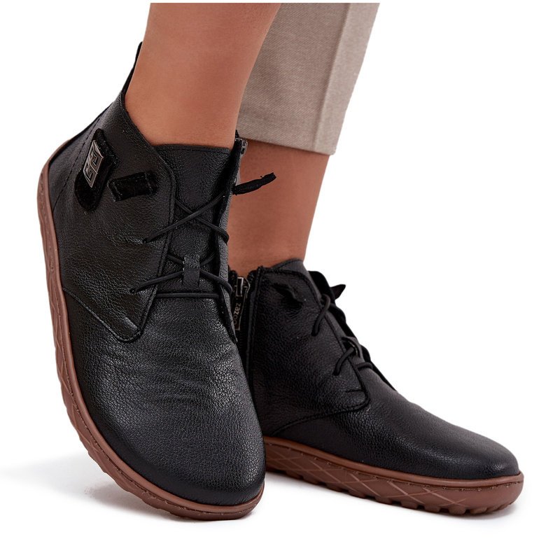Skórzane Półbuty Barefoot Damskie Z Ozdobnym Detalem Zazoo 30072 Czarne-37