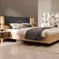 Meble do sypialni - Łóżko ze skrzynią i szafkami nocnymi 160 x 200 cm - Z oświetleniem LED - Kolory: Naturalny i antracytowy + Materac - ELYNIA - miniaturka - grafika 1