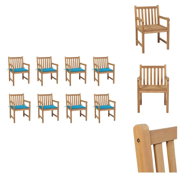 vidaXL Krzesła ogrodowe 8 szt. z niebieskimi poduszkami z litego drewna tekowego - Krzesła ogrodowe